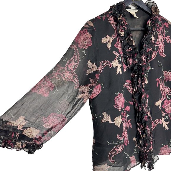 Malcolm & Co Silk Ruffle Button Front Black V-Neck Lined Blouse M - Picture 3 of 5